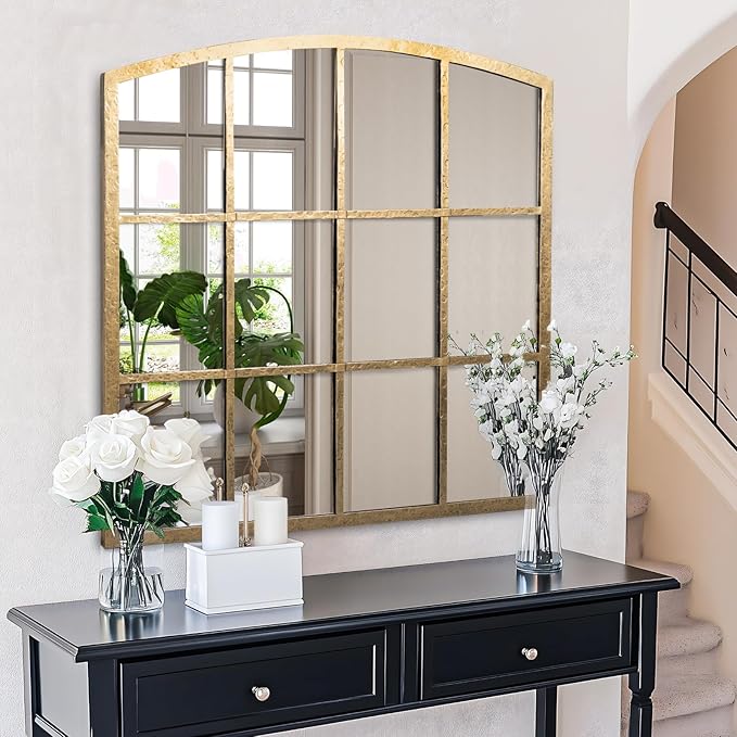 Hand-Forged Gold Window Pane Mirror, 36 Inch Wide Window Mirror, Metal Frame Arched Decorative Mirrors, Antique Grid Wall Mirrors for Living Room, Bedroom, Entryway