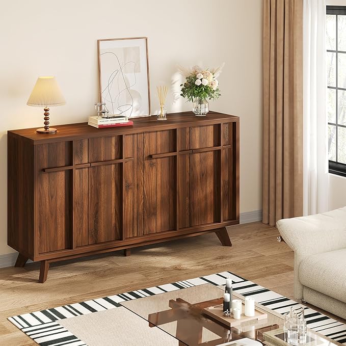 Sideboard Buffet Cabinet with Storage, 59" Modern Credenza with 4 Doors & Adjustable Shelves, Wood Console Cabinet for Living Room Kitchen Dining Room Hallway (Walnut)