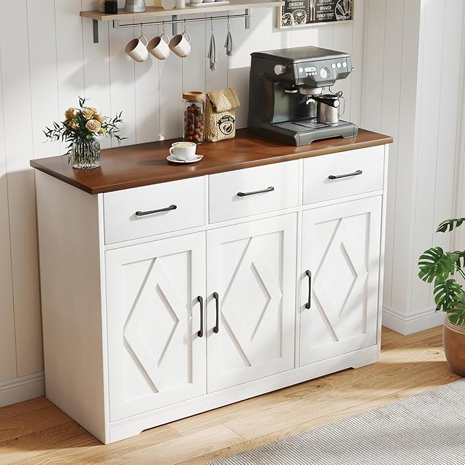 Modern Farmhouse Sideboard, White Wooden Buffet Cabinet with 3 Drawers & Adjustable Shelves for Kitchen, Living Room, Entryway, Coffee Bar
