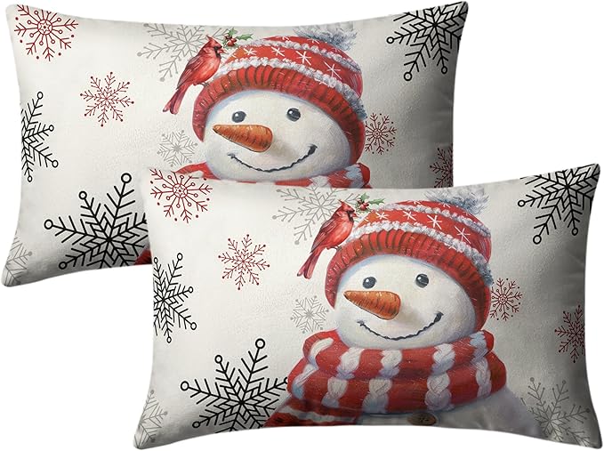 Snowman Lumbar Pillow Covers 12x20 Set of 2 Red Snowman with Cardinal Bird Snowflake Rectangle Cushion Case Christmas Winter Holiday Throw Pillowcases for Living Room Bedroom Sofa
