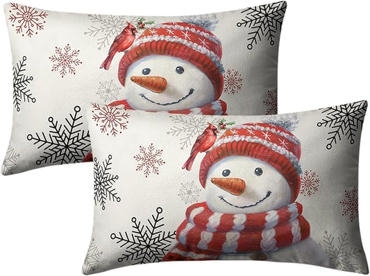 Snowman Lumbar Pillow Covers 12x20 Set of 2 Red Snowman with Cardinal Bird Snowflake Rectangle Cushion Case Christmas Winter Holiday Throw Pillowcases for Living Room Bedroom Sofa