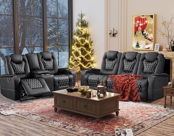 ANJ Living Room Furniture Sets,Power Upholstered 3 Seat Recliner Sofa & Loveseat Sofa with USB Ports and Cup Holders - Family Set Seating PU Leather Reclining Couch with Hidden Arm Storage(Black)