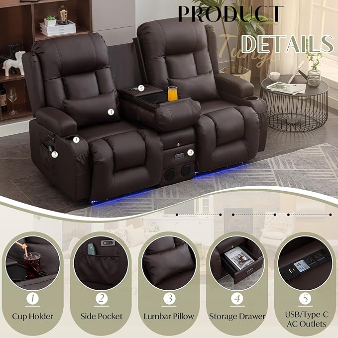 TUNYI Power Loveseat Recliner Sofa, Faux Leather Reclining Sofa with Console RV Reclining Loveseat Couch with USB/Outlet/Storage/Side Pocket/LED Light/Speaker (Brown, Loveseat)