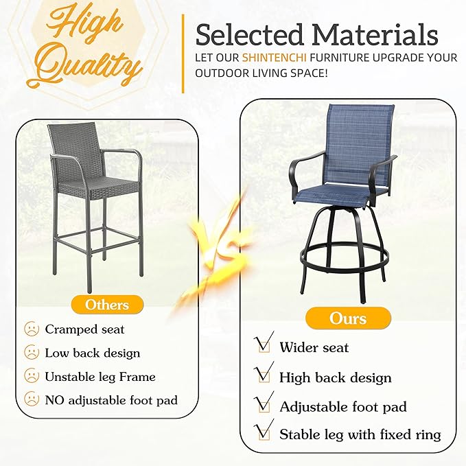 Shintenchi 2 Piece Patio Swivel Bar Chairs, All Weather Textile Outdoor Metal Bar Stools Patio Chairs Set of 2 with High Back, High Top Bistro Set Furniture for Balcony, Backyard,Garden,Deck,Deep Blue