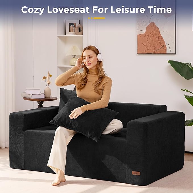 MAXYOYO Modular Sofa Couch, 61" Loveseat Boneless Cloud Couch with Deep Seat, Chenille Upholstered Living Room Sleeper Sofa Chair for Living Room, No Assembly Required, Black