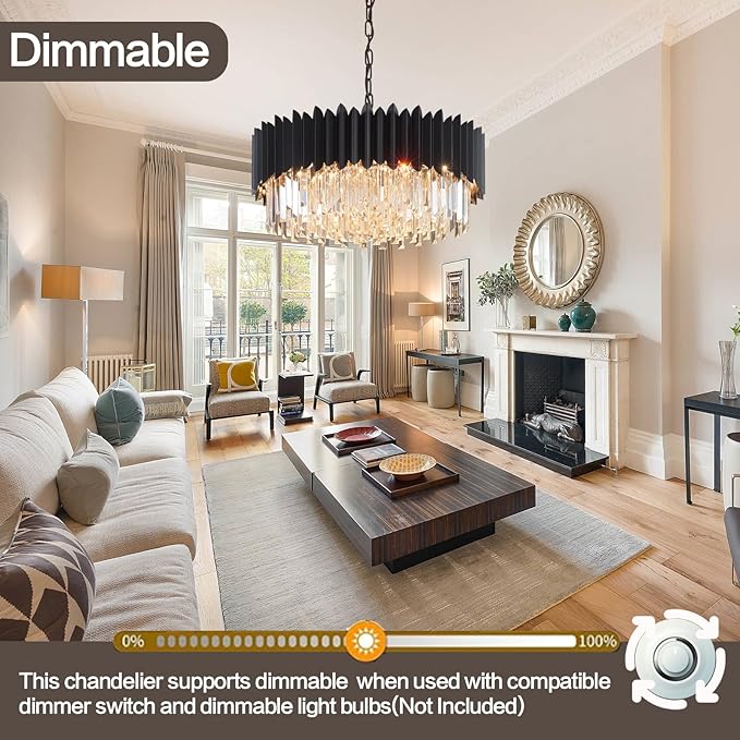 Modern Black Crystal Chandelier 24" Round Chandeliers 8-Lights Ceiling Pendant Light Fixtures 5 Tiers for Dining Room Living Room Bedroom Foyer Entryway