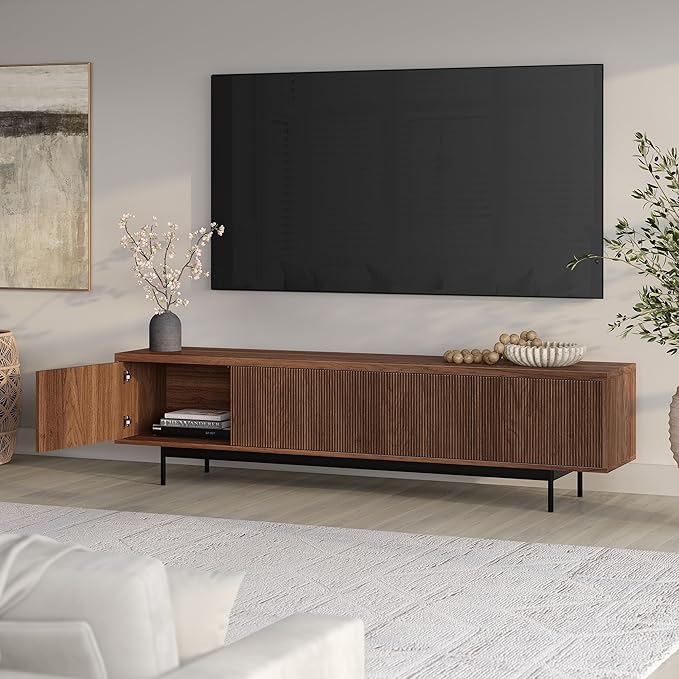 Henn&Hart Fluted TV Stand for TVs up to 85" with 2 Open-Concept Ribbed Storage Cabinets for Living Room, Family Room, or Office, Medium Walnut