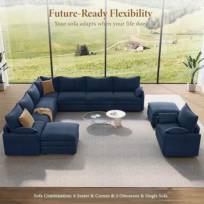 Vesgantti Large Modular Sectional Sofa, Big Comfy Cloud Couch with Ottoman Deep Seat Chenille Cloud Sofa, 9 Seater Large Sectional Couches for Living Room, Bedroom and Apartment, Blue | Sink-in Comfort, Solid Wood Frame, Extra-deep Ottoman, Easy Rearra...