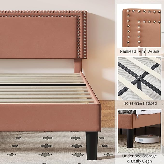 VECELO Queen Size Bed Frame with Adjustable Upholstered Headboard, Wooden Slats Platform, Noise-Free Design, Easy Assembly