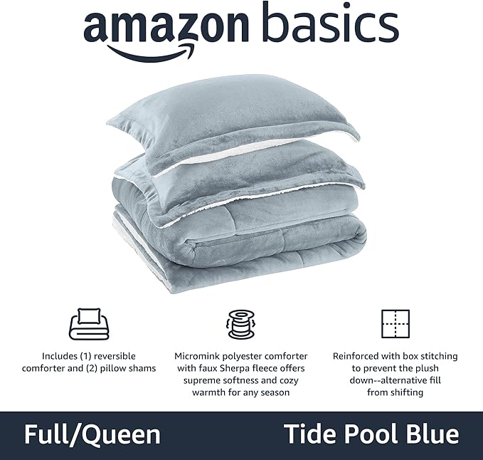 Amazon Basics 3-Piece Ultra-Soft Micromink Sherpa Bedding Set, Warm All Season Comforter, Full/Queen, Tide Pool Blue