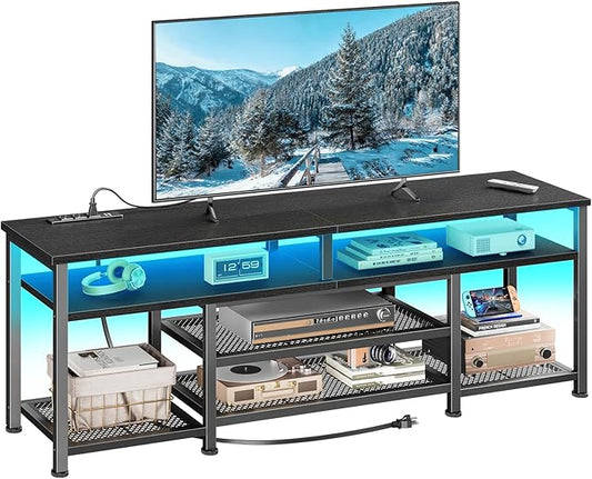 Furologee TV Stand with Power Outlets and LED Lights, 55 Inch Entertainment Center for 55 60 Inch TVs, Media Console Table with Open Shelves, for Bedroom, Living Room, Black