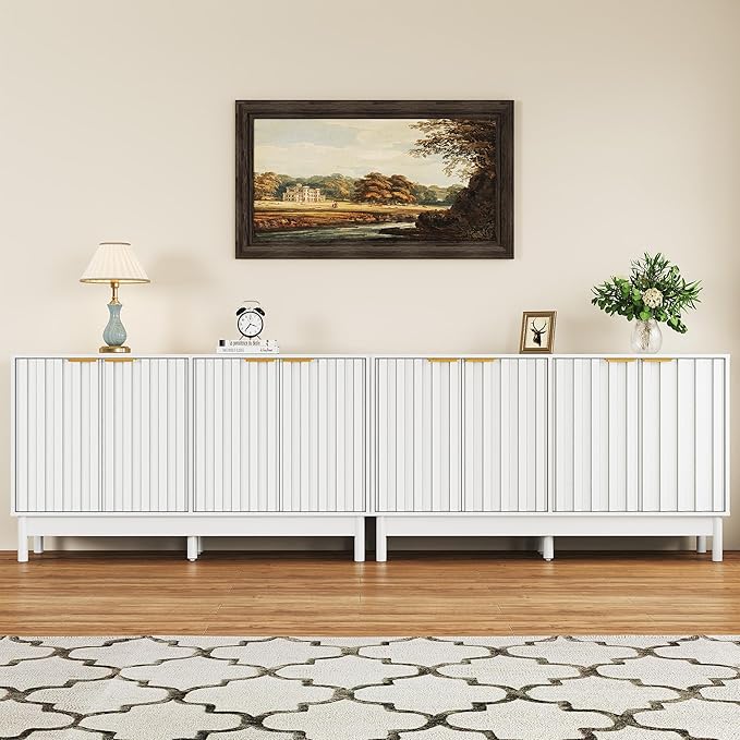 RoyalCraft 55'' Buffet Cabinet with Storage, Fluted Sideboard with Doors and Adjustable Shelves, Wood Credenzas Console Table, Coffee Bar Cabinet for Kitchen, Dining Room, Living Room, White