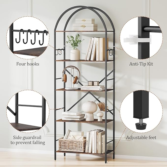Arched Tall Bookshelf, 5 Tier Narrow Bookcase, Display Stand Book Shelf, Wide Bookshelves with 4 Hooks for Living Room, Home Office, Black and Brown