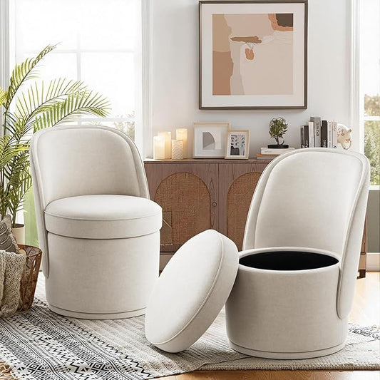 Swivel Accent Chair Set of 2, 360° Swivel Round Chair with Hidden Storage, Modern Small Barrel Armchair for Living Room/Bedroom, Beige