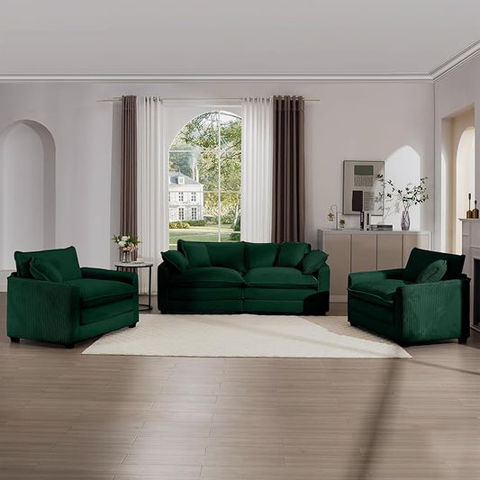 KEIKI 3-Piece Sofa Set with 1 Oversized Corduroy Loveseat Sofa & 2 Single Sofa, Upholstered 4-Seater Couch Set with 6 Pillow, High-Density Foam Cushions, Removable Armrests, for Living Room, Green