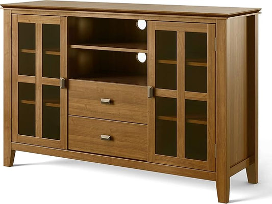 SIMPLIHOME Artisan TV Stand - 53 inch Wide Solid Wood Tall Media Console in Honey Brown, Contemporary Entertainment Center for Living Room for TVs up to 60 Inches with Drawers and Cable Management