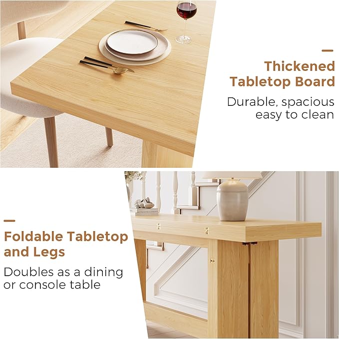 63" Folding Dining Table for 4-6, Modern Dining Room Table with Large Foldable Tabletop, Wood Folding Table with Foldable Legs, Dinner Tables for Kitchen Dining Room (Natural)