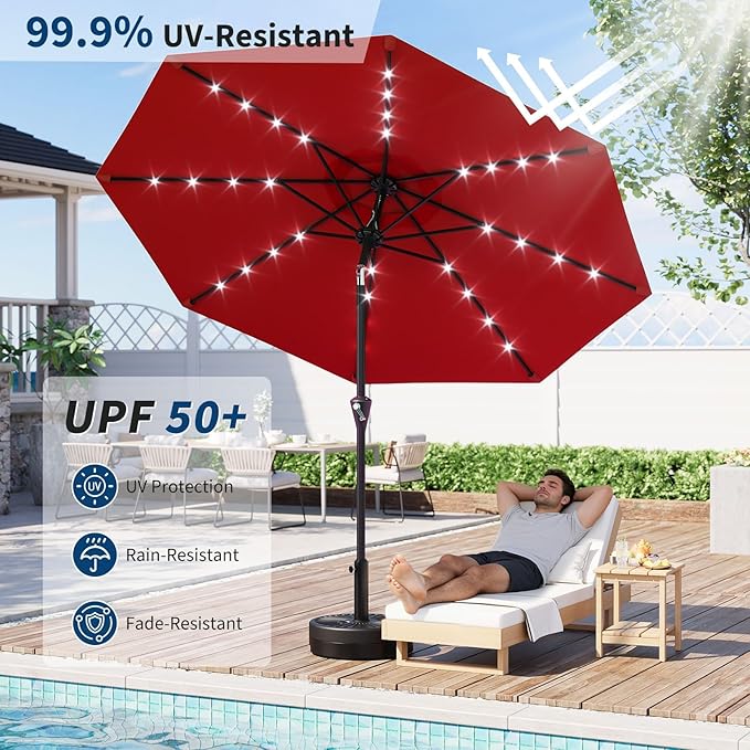 Garvee 9FT Solar Patio Umbrella with 32 LED Lights - Outdoor Table Umbrella with Crank Lift, Push Button Tilt and 8 Sturdy Ribs - Market Umbrella UV Protection for Pool, Deck, Yard, Garden -Red