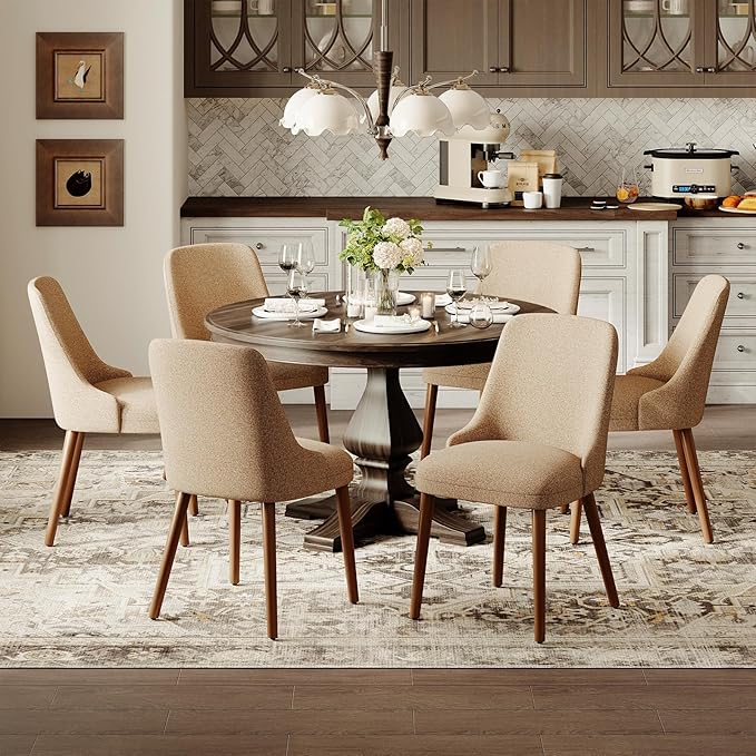 Dining Chairs Set of 6, Upholstered Dining Room Chair with Wood Legs, High-Back Padded Kitchen Chairs for Dining Room/Restaurant/Cafe, Camel