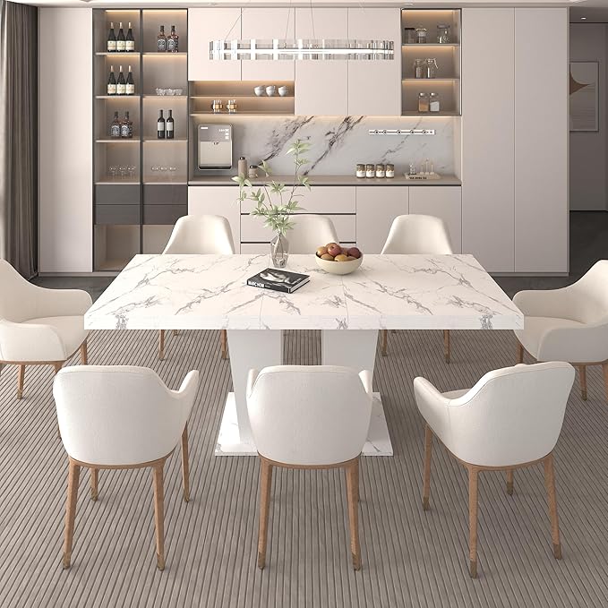Ball & Cast Expandable Dining Table for 6-10,63-78.74" Kitchen Table W/Heavy Duty Pedestal Base,Rectangular Extendable Dining Room Table for Small Space,White Marble