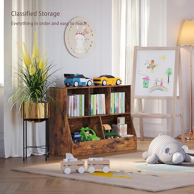 DINZI LVJ Toy Storage Organizer, Kids Bookshelf, Wood Toy Storage Cabinet, 5 Cubby Children Bookcase, 39.4" L Toddler Book Shelf for Playroom, Living Room, Nursery, Hallway, School, Rustic Brown
