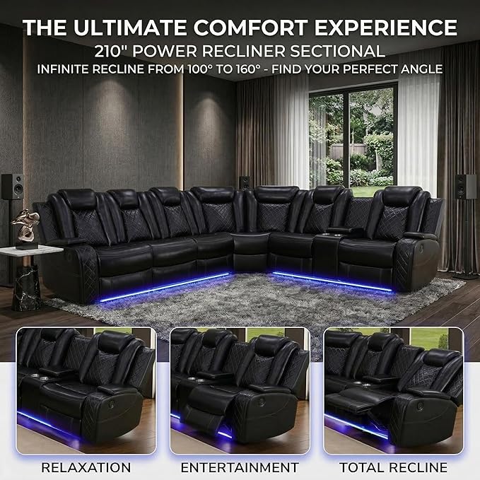 Power Reclining Curved Sectional Sofa for Living Room, Black Leather Home Theater Recliner Couch with LED Lights, Wireless Charging, Cup Holders & Storage Console