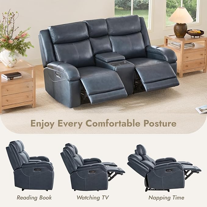 Watson & Whitely Power Reclining Sofa and Loveseat Sets, Genuine Leather Sofa Recliner Couch Set with Power Headrest, Storage Console, USB Ports, Cup Holders, Living Room Furniture Set, Navy Blue