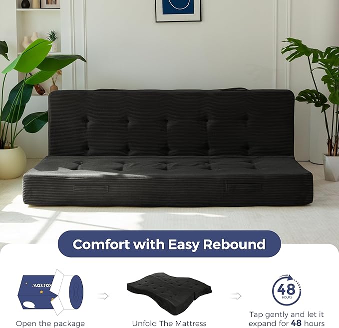 MAXYOYO 8" Foldable Floor Sofa Bed, Tufted Foldable Couch Bed Thick Folding Mattress with Handles, Versatile Folding Sofa Couch for Floor Sleeping, Living Room & Guest Room, Black