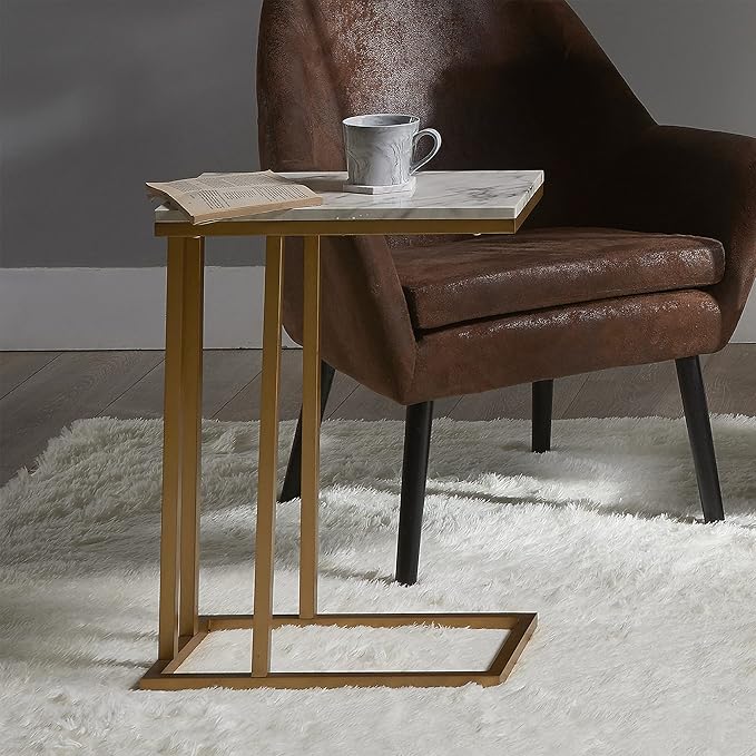 Versanora Marmo Faux Marble Top Contemporary C Shape Accent Side End Table for Living Room Lobby Foyer Dining Room Bedroom Study Room Home Office, 25 inch Height, Brass