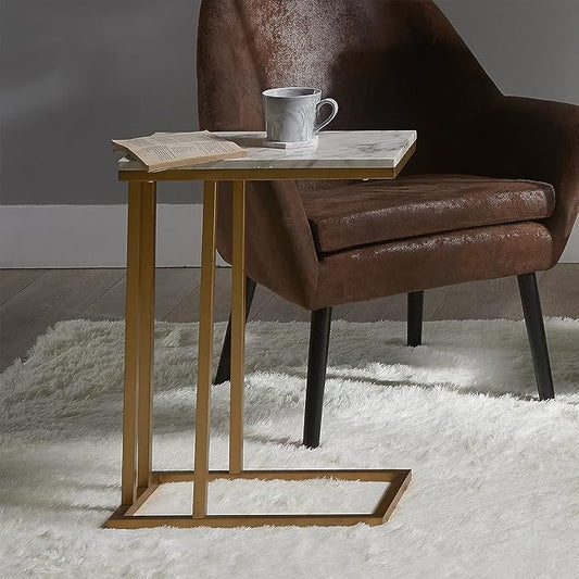 Versanora Marmo Faux Marble Top Contemporary C Shape Accent Side End Table for Living Room Lobby Foyer Dining Room Bedroom Study Room Home Office, 25 inch Height, Brass