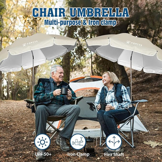 AMMSUN Chair Umbrella with Universal Clamp Adjustable 47 inches and 360° Swivel & UPF 50+ Protection Portable Sun Umbrella, Secure Clip on Camping/Beach Chairs, Stroller, Wheelchair, Golf cart, Lounger, Beige, 2 PACK