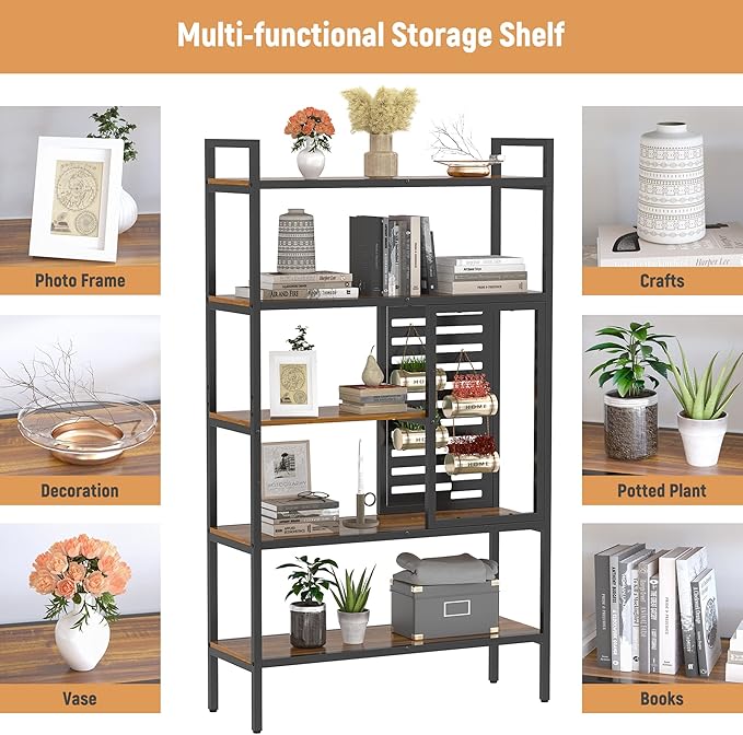 Anivia 5 Tier Bookshelf Tall Industrial Bookcase Wood Metal Frame Standing Book Shelf, Display Bookshelves Storage Organizer for Bedroom Living Room Home Office, Teak/Black