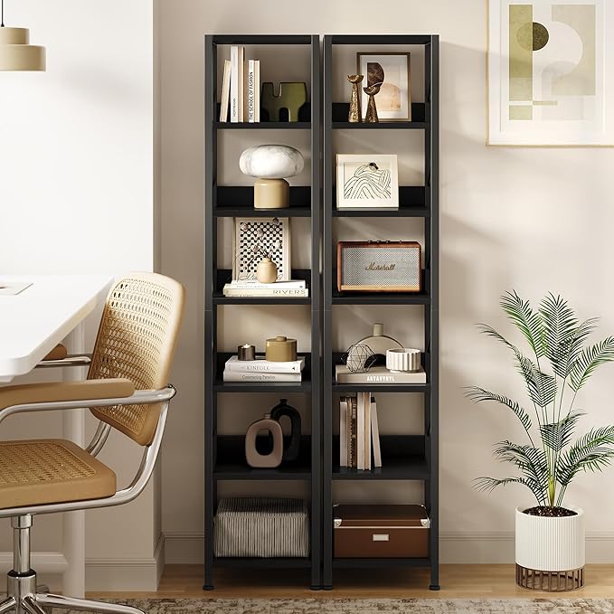 IDEALHOUSE Narrow Bookshelf Tall Skinny Bookcase 6 Tier Storage Rack Rustic Corner Shelf Metal Frame Small Freestanding Bookshelves Industrial Display Stand for Bedroom, Living Room, Home Office