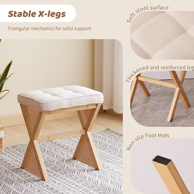FILWH Foot Stool Small Ottoman Foot Rest Padded Foot Stool Desk for Under Office Desk Vanity Stool Bamboo Footstool Sofa Footrest Shoe Stool Small Foot Stools (Natural Legs + Beige)