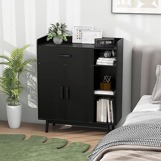 Giantex Floor Storage Cabinet, Freestanding Cupboard with 1 Drawer, 2 Doors, 3 Shelves, 4 Rubber Wood Legs, Sideboard, Entryway Unit for Home Office, Living Room, Storage Organizer (Black)