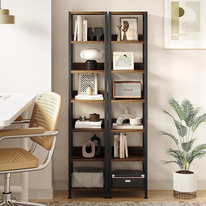 IDEALHOUSE Narrow Bookshelf Tall Skinny Bookcase 6 Tier Storage Rack Rustic Corner Shelf Metal Frame Small Freestanding Bookshelves Industrial Display Stand for Bedroom, Living Room, Home Office