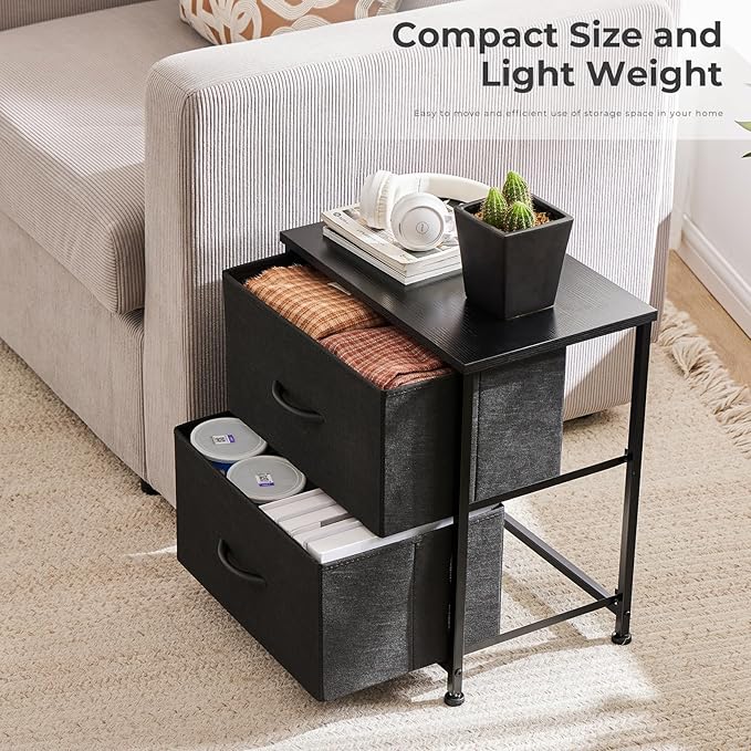 NEWBULIG Nightstand with 2 Fabric Drawers, 25 Inch Tall Small Dresser, Bedside Table with Storage for Bedroom, Closet, Entryway, Dorm, 2 Pack with Sturdy Frame and Compact Design, Black02