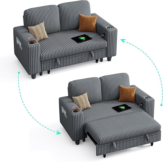 LINSY HOME Sectional Sleeper Sofa Pull Out Couches for Living Room (Grey, Pull Out Couch) | Pull Out Sofa Bed, Storage, USB Charging, Cup Holders, Plush Corduroy | Pull Out Sofa Bed, Storage, USB Charging, Cup Holders, Plush Corduroy