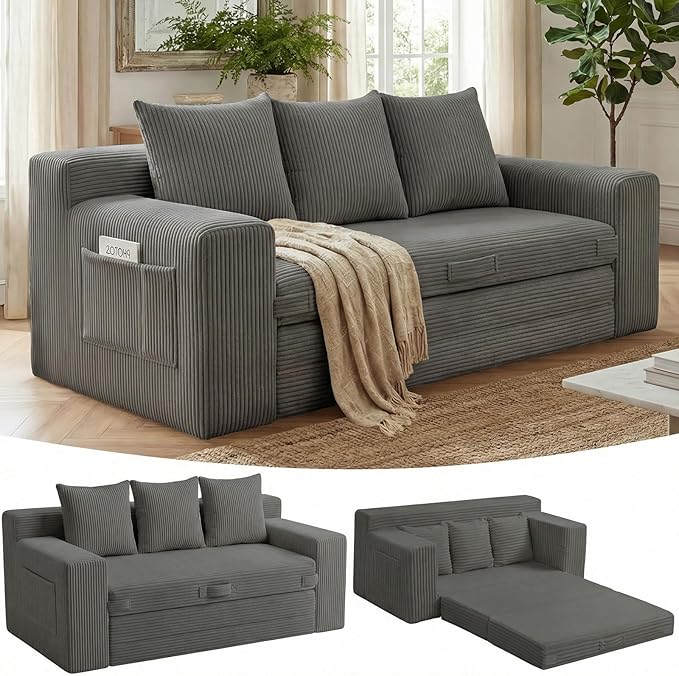 Boneless Couch,3 Seater Boneless Couch Bed – 3-in-1 Convertible Sleeper Sofa with Side Pockets & Handle,Pull Out Corduroy Futon for Small Space,Living Room & Bedroom, 3 Pillows Included,No Assembly