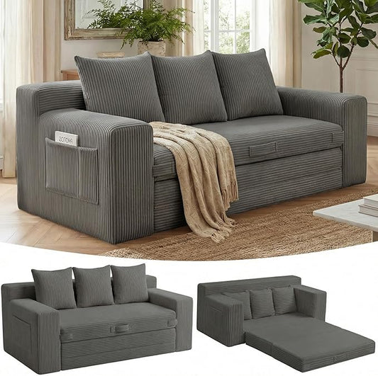 Boneless Couch,3 Seater Boneless Couch Bed – 3-in-1 Convertible Sleeper Sofa with Side Pockets & Handle,Pull Out Corduroy Futon for Small Space,Living Room & Bedroom, 3 Pillows Included,No Assembly