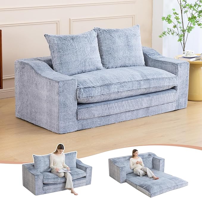 61" Convertible Sofa Bed Loveseat, Memory Foam Boneless Floor Couch with Removable Faux Fur Cover, Tri-folding Compact Full-size Sleeper for Small Living Room, Playroom, Guest Room, RV (White-on-Grey) | Convertible Sofa Bed, Premium Memory Foam, Ergono...