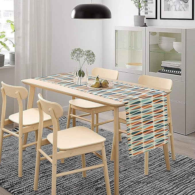 Modern Mid Century Table Runne Retro Blue Orange Grey Water Droplets Geometric Table Runner for Kitchen Dining Room Dining Table Decoration 13x70in