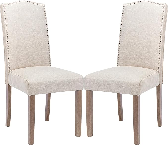 Upholstered Dining Chair Modern Stylish Parsons Kitchen Diner High Back with Silver Nailhead Trim & Wood Legs, Set of 2, Fabric Beige