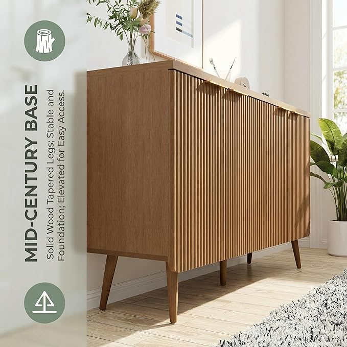 FONTOI 47.2" Wood Fluted Buffet Cabinet with 4 Doors & Storage - Multifunctional Kitchen Sideboard Credenza for Living Room & Entryway, Walnut