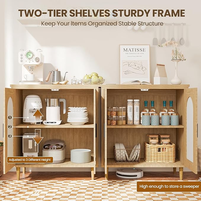 GarveeHome Sideboard Buffet Kitchen Storage Cabinet with Rattan, Solid Wood Feet for Living Room, Hallway, Entryway, Cabinet with Ample Storage Space(1PCS)