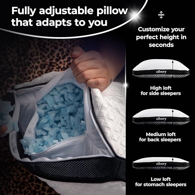 Silvery Silver Infused Restcool Bed Pillow - Adjustable Memory Foam Fill with Self-Cooling Fabric - Self-Cleaning Technology that Stays Fresh 3X Longer (White, King)