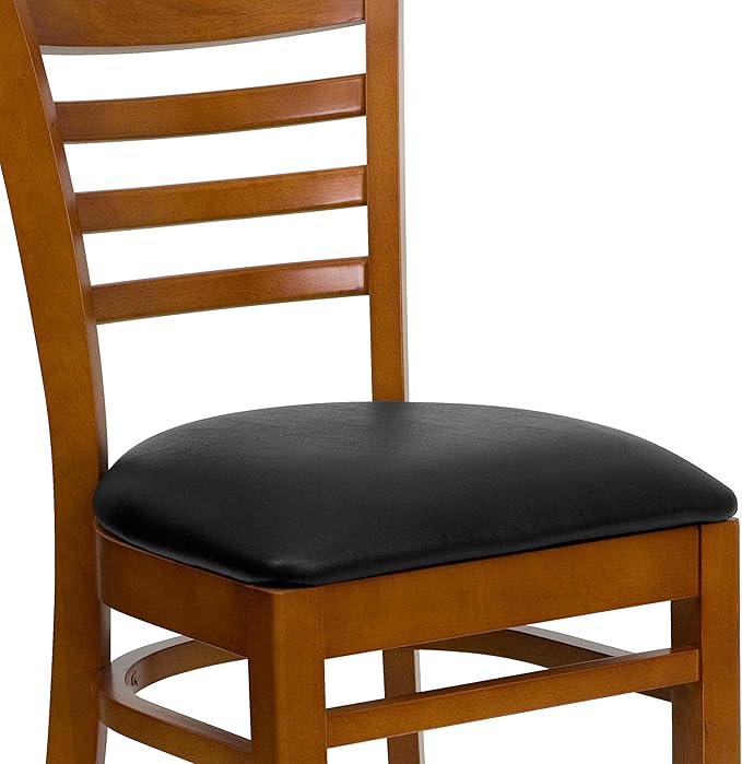 Flash Furniture HERCULES Series Ladder Back Cherry Wood Restaurant Chair - Black Vinyl Seat