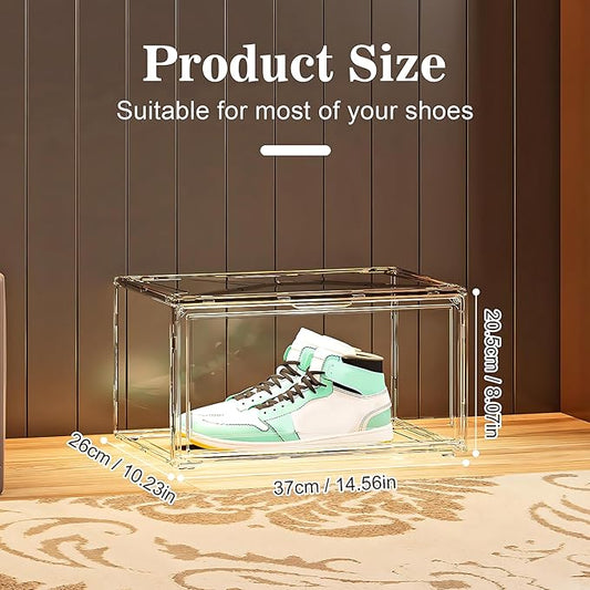 MMBABY 12 Pack Acrylic Clear Shoe Boxes– Ultra Clear Plastic Stackable Sneaker Storage For Sneakerhead. Professional Grade Shoe Display Case with Magnetic Door.Fits US Size 15