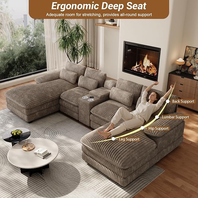 133" Oversized U Shaped Cloud Couch Modular Sectional Couches for Living Room Comfy Corduroy Deep Seat Sofa Set with Double Chaise Lounge, Storage Central Console, Cup Holders, USB Port, Brown