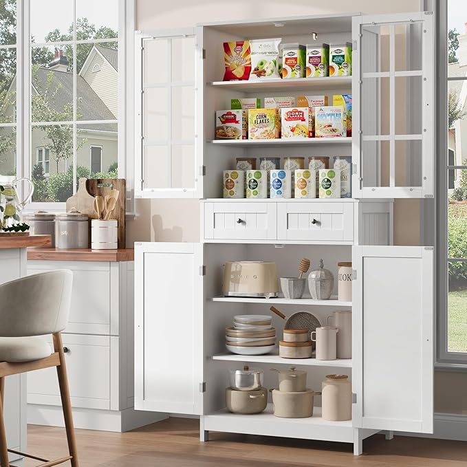 71" Tall Kitchen Pantry Storage Cabinet, Pantry Cabinet with Drawers and Glass Doors, Freestanding Kitchen Cupboard for Dining Room, Laundry, White